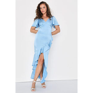 Lulus Eternal Bond Light Blue Satin Ruffled Flutter Sleeve Maxi Dress
